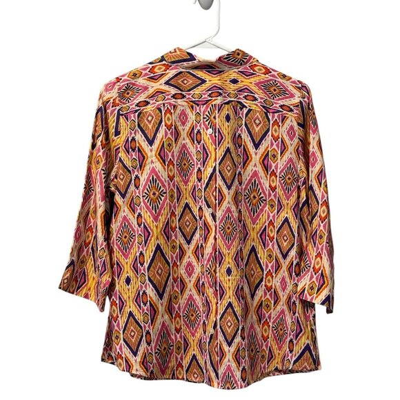 Chicos Womens Size 0 Linen No Iron Button Up Shirt 3/4 Sleeve Aztec Colorful - Picture 2 of 15